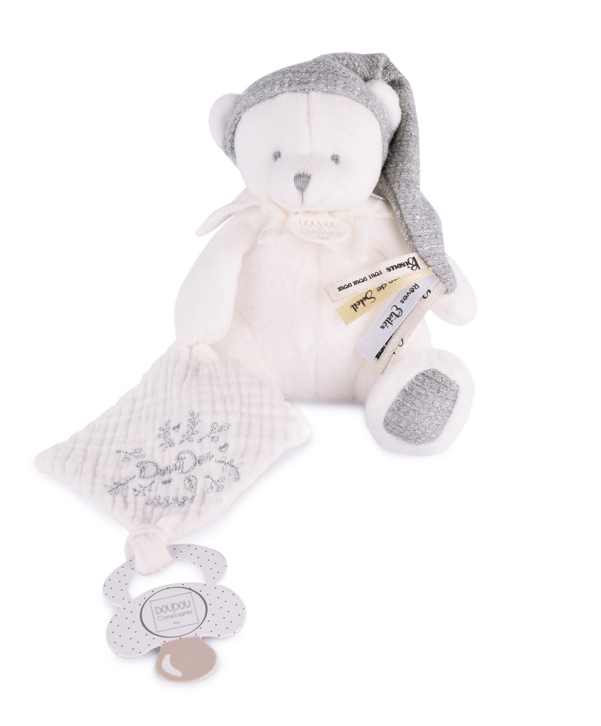 Doudou Dárková sada Plyšový medvídek s úchytem na dudlík a dečkou šedý 20 cm